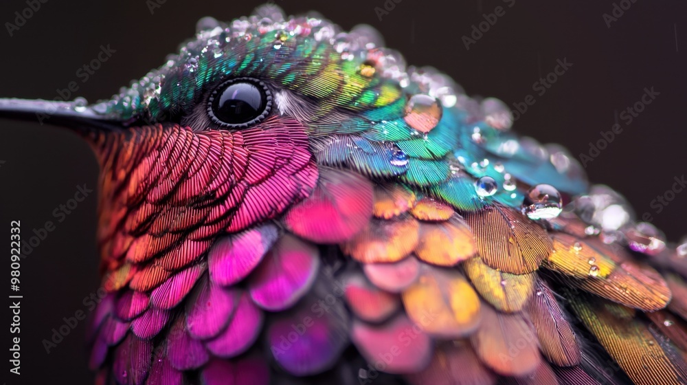Obraz premium Hummingbird Feathers Close Up with Water Droplets.