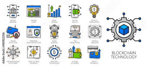 Color fintech, blockchain and cryptocurrency technology icons, business and finance vector symbols. Fintech financial icons of bitcoin money, digital wallet, banking payment and currency exchange