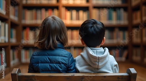 Back to School, Kids in the Library, Children Reading, Bookshelf, Learning photo