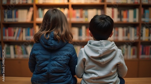  Children Looking at Books in Library