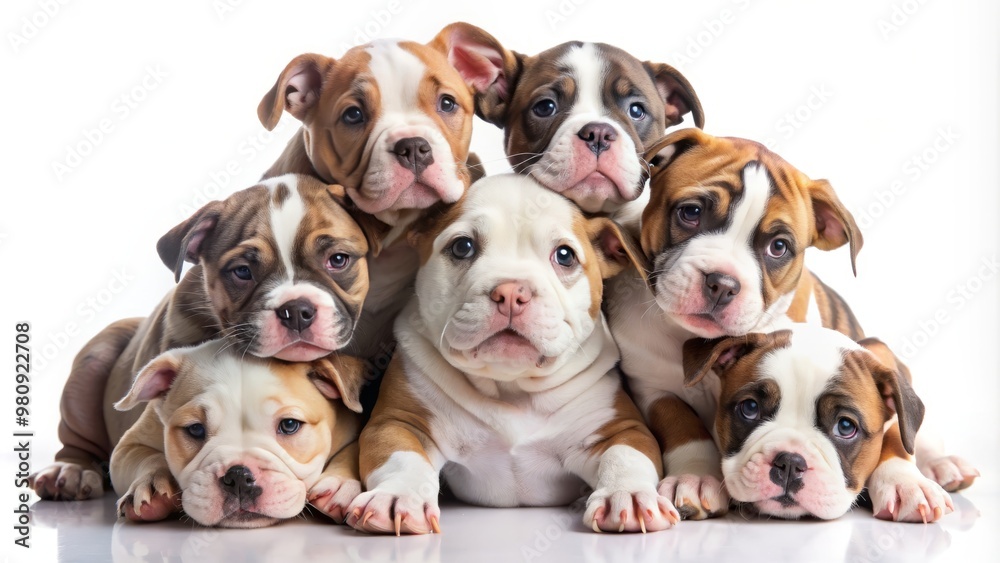 Obraz premium Adorable mixed breed English Bulldog and Pit Bull puppies huddled together in a playful pile