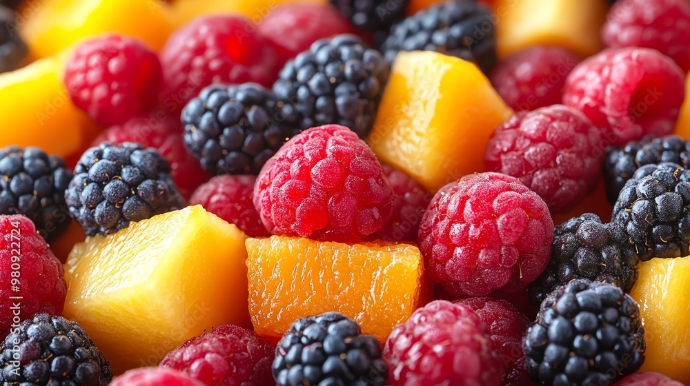 Fresh fruit salad with cantaloupe, raspberries, and blueberries. Fresh fruit salad with cantaloupe, raspberries, and blueberries.