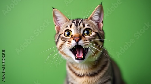   Cute Tabby Cat Yawning on Green Background  photo