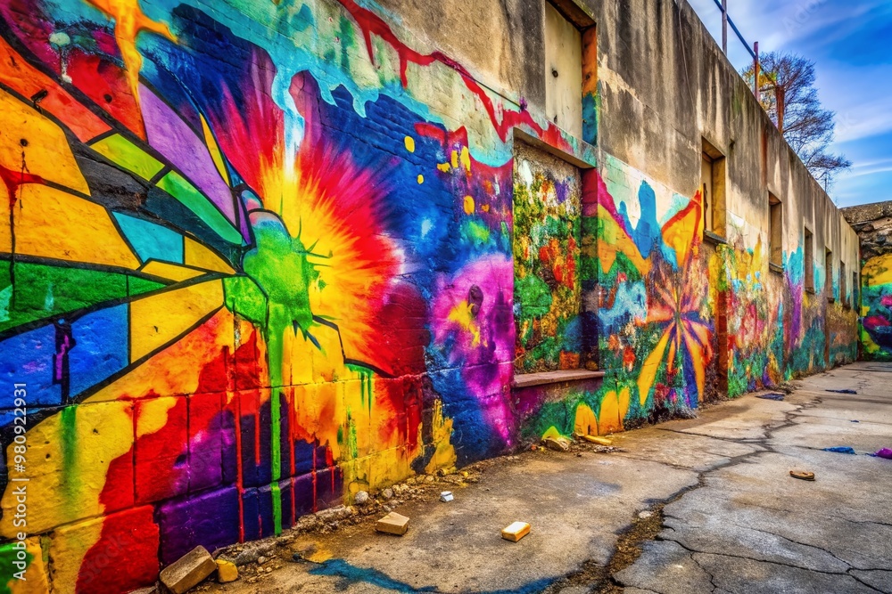 Obraz premium Vibrant splashes of colorful graffiti artfully repair cracks on a worn concrete wall, transforming urban decay into a stunning, dynamic, and thought-provoking visual masterpiece.