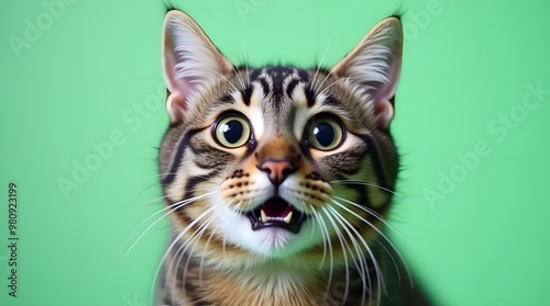   Cute Tabby Cat with Green Eyes on Green Background photo