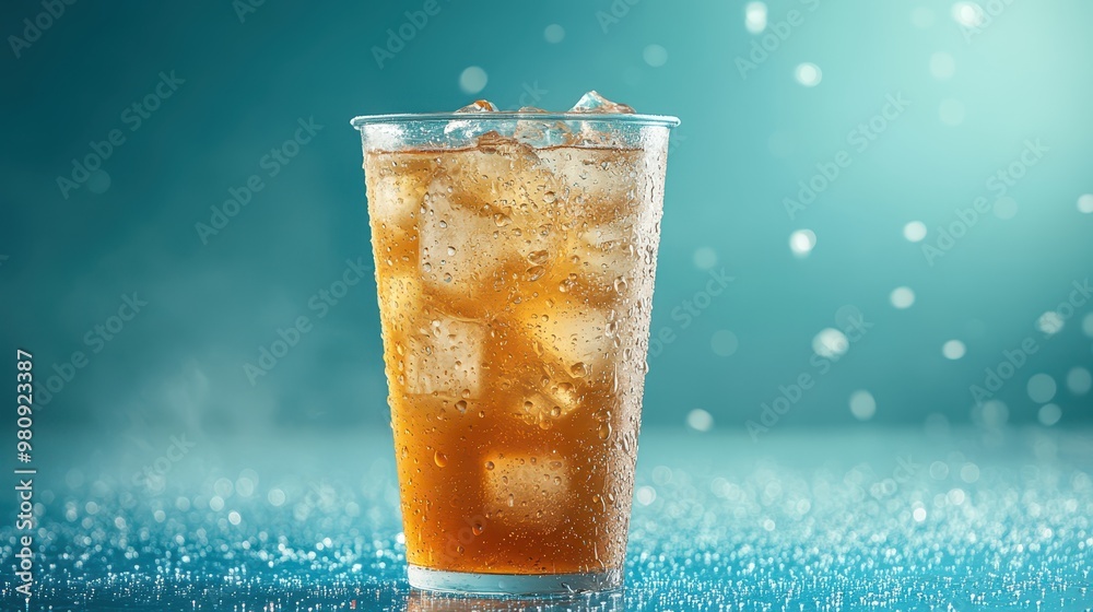Iced juice soda in a tall clear cup with water drops, against a chic, cool background Iced juice soda in a tall clear cup with water drops, against a chic, cool background