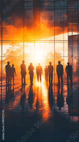 Wallpaper Mural Modern office with a business team standing as the setting sun reflects in the windows behind them Torontodigital.ca
