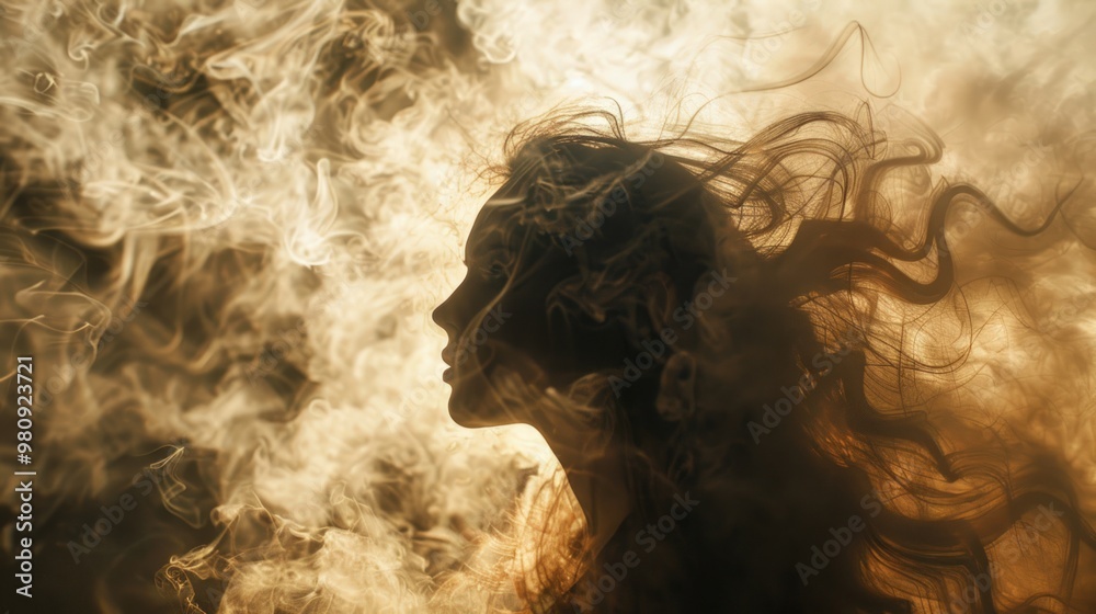 Silhouette of a woman with long hair flowing in smoke. Silhouette of a woman with long hair flowing in smoke.