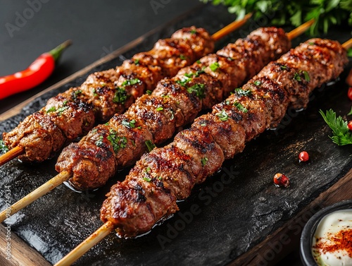 A Adana Kebab. The most popular Turkish dishes. A spicy minced lamb kebab shaped on skewers and grilled, known for its robust flavor. photo