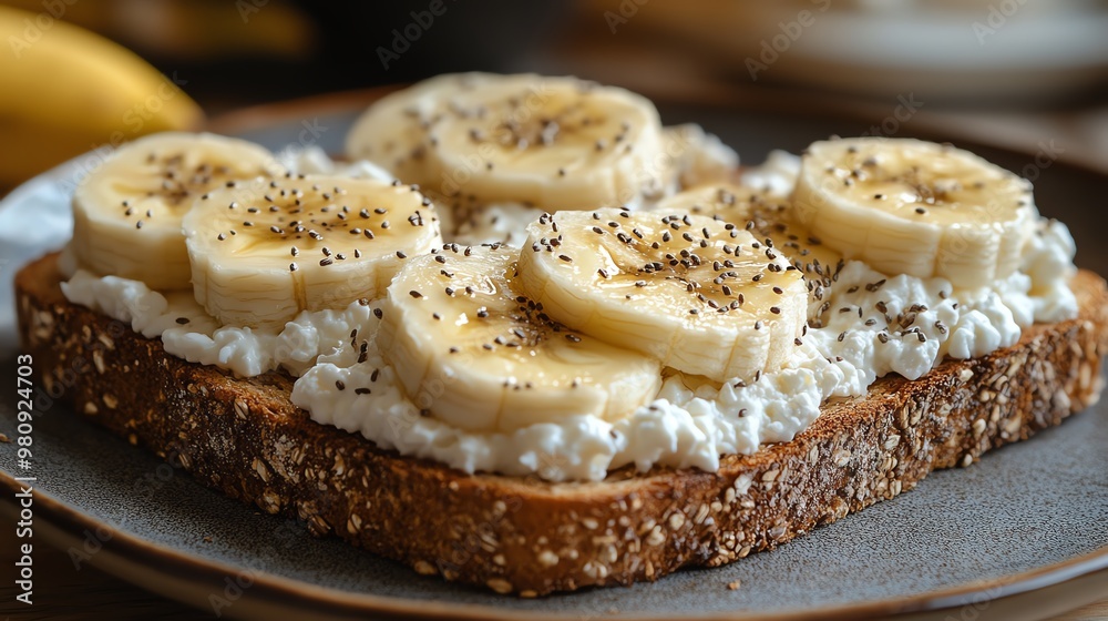 Close-up of a delicious and healthy breakfast toast topped with cottage cheese, banana slices, and chia seeds. Close-up of a delicious and healthy breakfast toast topped with cottage cheese, banana slices, and chia seeds.