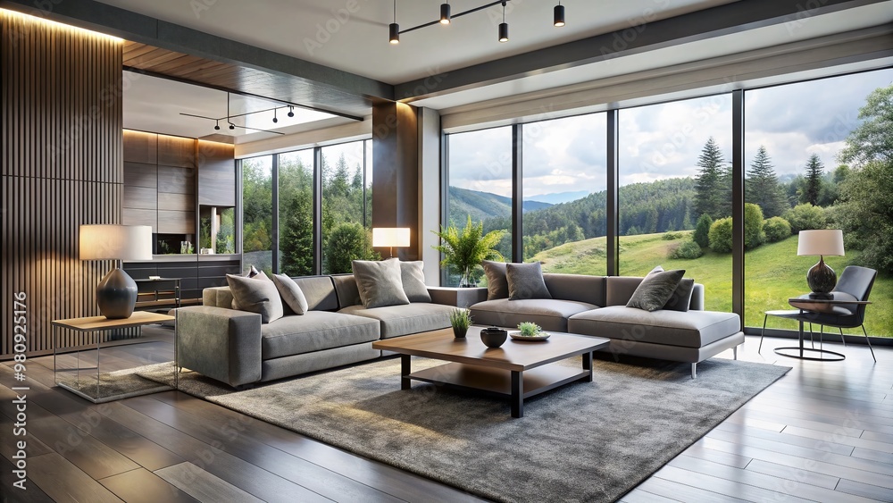 Modern 3D rendering of a luxurious living room with sleek gray walls, minimalist furniture, and expansive windows Modern 3D rendering of a luxurious living room with sleek gray walls, minimalist furniture, and expansive windows