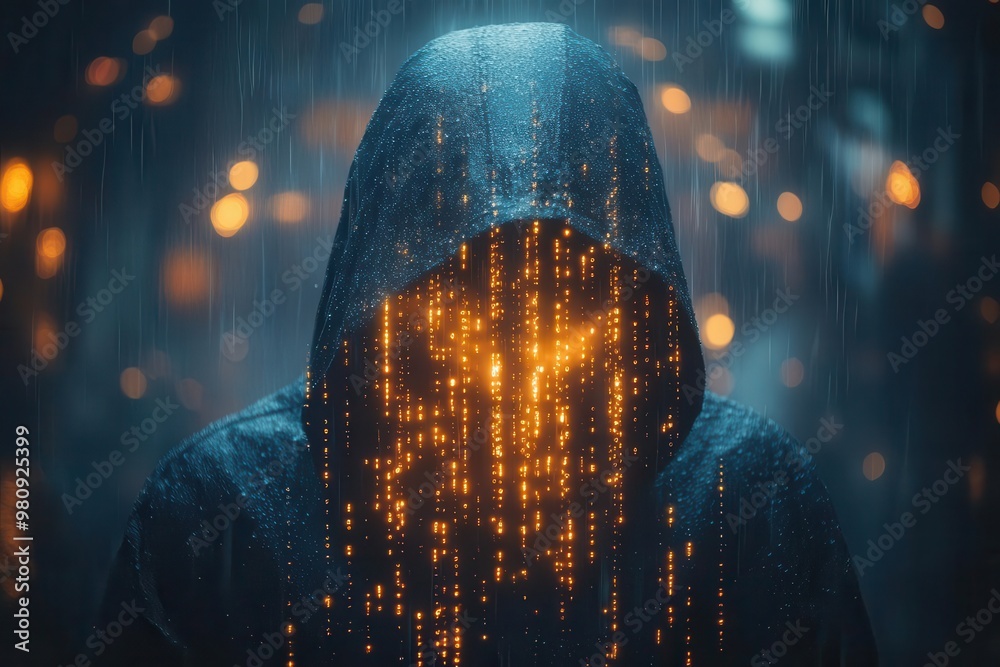 Hacker Line Blue mysterious hacker silhouette amid glowing lines of code dark ...
