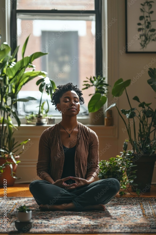 A person meditating in a quiet corner of their home, using mindfulness to manage daily stress. A person meditating in a quiet corner of their home, using mindfulness to manage daily stress.