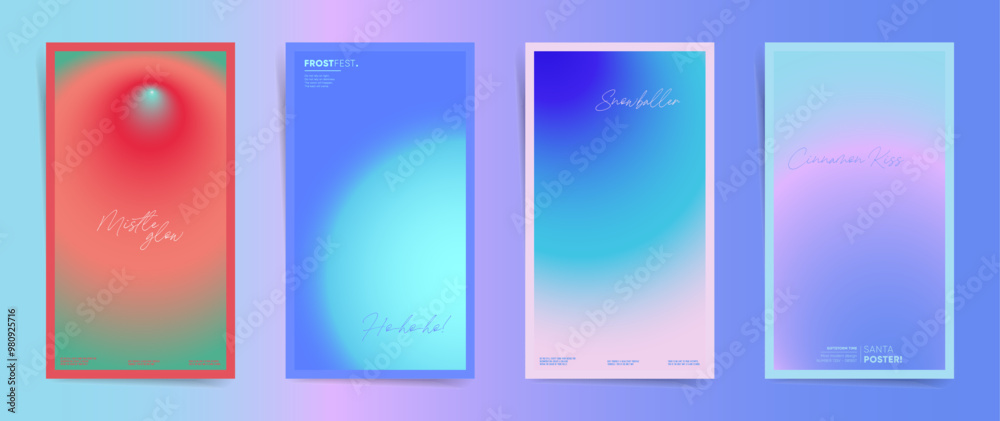 Fototapeta premium Modern Christmas and New Year Stories Bundle: Neon gradient backgrounds, vertical layouts, and festive card templates. Perfect for winter sale posts, greeting cards, and social media. 