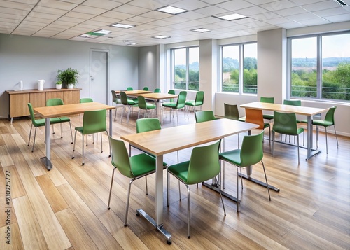 Modern and functional break room furniture, including rectangular tables and chairs, in a stylish yet affordable