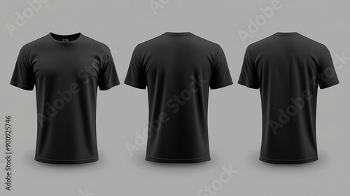 Blank black clean t-shirt mockup, isolated and showcasing front and back views in 3D rendering. This mockup serves as a template for football clothes, presented in a classic short style. photo