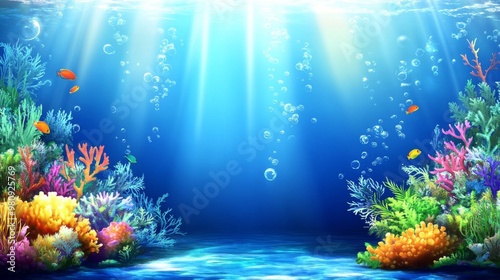 Fototapeta Naklejka Na Ścianę i Meble -  Vibrant coral reefs and colorful fish swim in a sunlit underwater scene. 