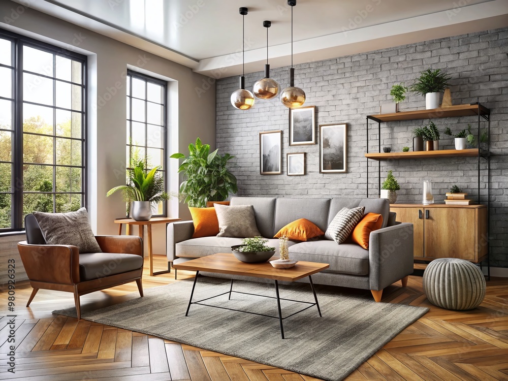 Fototapeta premium Modern and stylish living room interior with budget-friendly furniture pieces and tasteful decor, set against a clean