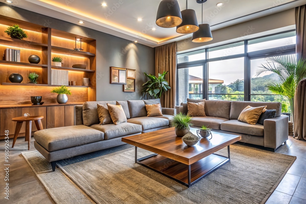 Fototapeta premium Modern and stylish living room with affordable furniture, characterized by sleek lines, minimalist decor, and a warm