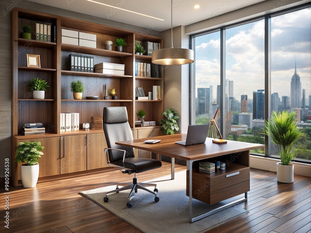 Modern and stylish office furniture at an affordable price, featuring a sleek desk, ergonomic chair, and bookshelves in Modern and stylish office furniture at an affordable price, featuring a sleek desk, ergonomic chair, and bookshelves in