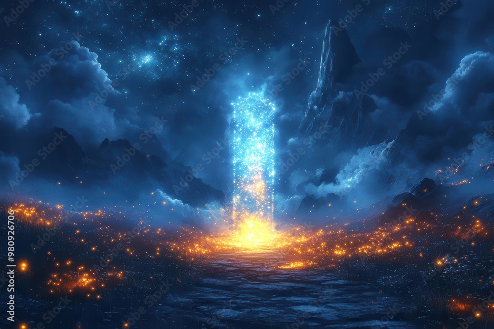 mystical doorway emitting ethereal light in nighttime meadow starry sky silhouetted mountains glowing fireflies path leading to unknown dreamy atmosphere