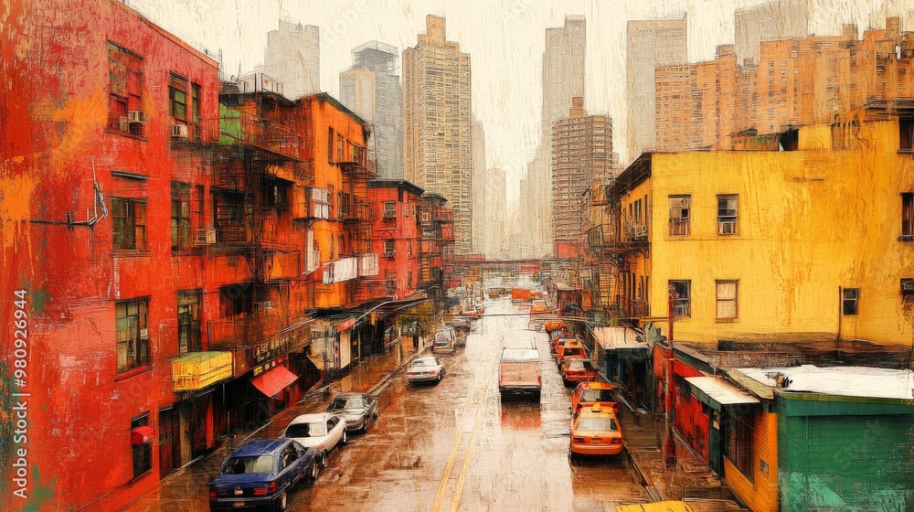 Colorful urban street with a mix of old and modern buildings, showcasing vibrant red, yellow, and orange hues. Colorful urban street with a mix of old and modern buildings, showcasing vibrant red, yellow, and orange hues.