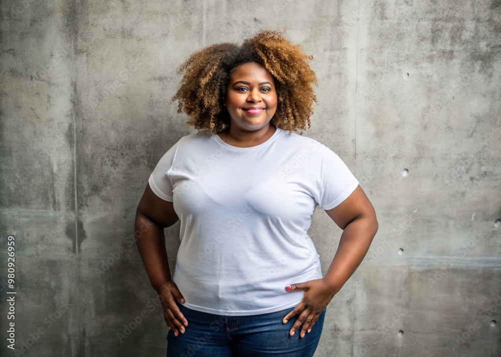 Confident plus-size African American woman with curly hair poses in front of a neutral concrete background, wearing a simple white casual t-shirt. Confident plus-size African American woman with curly hair poses in front of a neutral concrete background, wearing a simple white casual t-shirt.