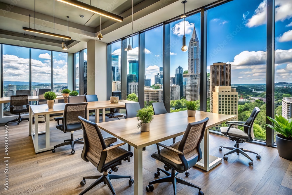 Fototapeta premium Modern Atlanta office space with sleek coworking desks, ergonomic chairs, and minimalist decor, surrounded by