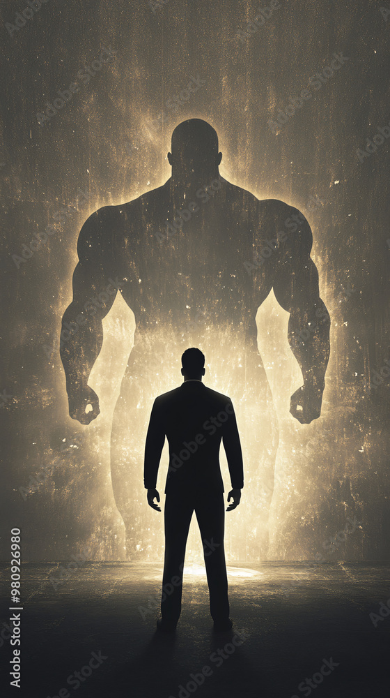 Obraz premium Businessman stands confidently before a towering silhouette, prepared to conquer any obstacle with his inner strength