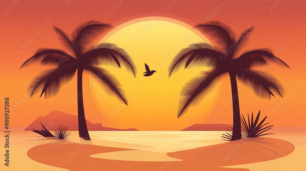 A tranquil sunset by the beach with palm trees and a bird flying over the gentle waves A tranquil sunset by the beach with palm trees and a bird flying over the gentle waves
