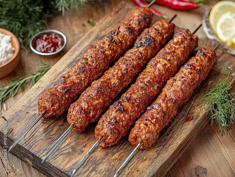 A Adana Kebab. The most popular Turkish dishes. A spicy minced lamb kebab shaped on skewers and grilled, known for its robust flavor. A Adana Kebab. The most popular Turkish dishes. A spicy minced lamb kebab shaped on skewers and grilled, known for its robust flavor.