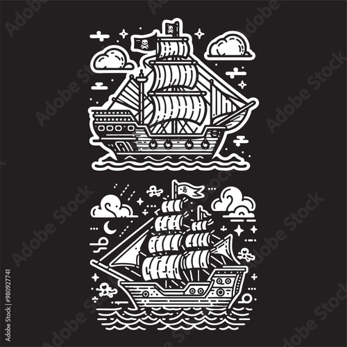 vector illustration of pirates in thin lines