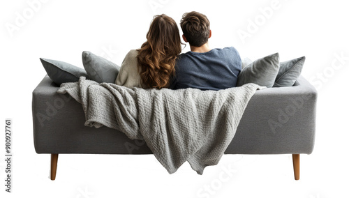 Couple sitting on couch, back view on transparent background