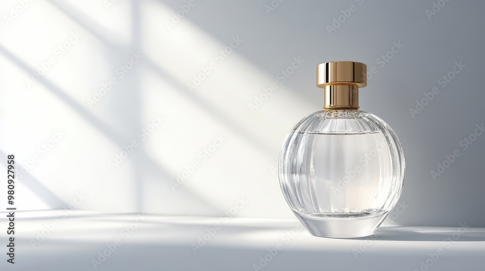 Luxurious clear glass perfume bottle with gold cap, high-resolution, smooth design, white inner wall, soft light Luxurious clear glass perfume bottle with gold cap, high-resolution, smooth design, white inner wall, soft light
