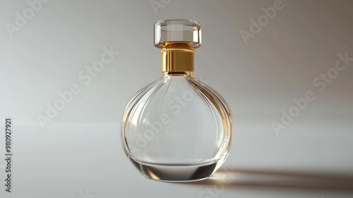 Luxurious clear glass perfume bottle with gold cap, high-resolution, smooth design, white inner wall, soft light