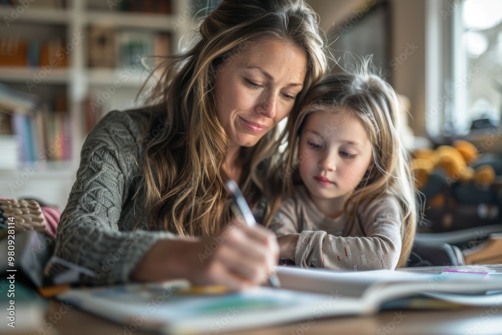 Mother and Daughter Reading Together at Home Mother and Daughter Reading Together at Home