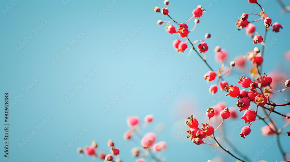 Beautiful spring border with a blooming rose bush on a blue background; flowering rose hips against the blue sky; soft selective focus. Beautiful spring border with a blooming rose bush on a blue background; flowering rose hips against the blue sky; soft selective focus.
