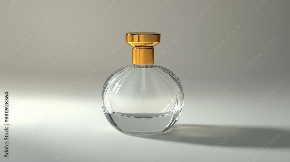 Luxurious clear glass perfume bottle with gold cap, smooth and sleek design, high-resolution, white inner wall Luxurious clear glass perfume bottle with gold cap, smooth and sleek design, high-resolution, white inner wall