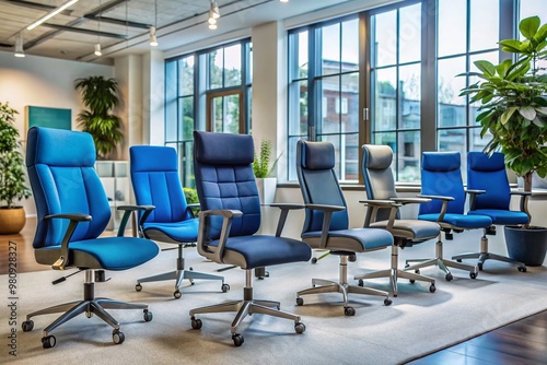 Modern blue-upholstered office chairs arranged in a stylish display, showcasing various ergonomic designs and sleek photo