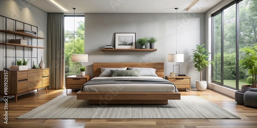 Modern boori-inspired bedroom features a sleek, low-profile platform bed with built-in nightstands, complemented by a photo