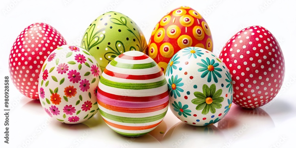 Vibrant Easter eggs, intricately painted and decorated with stripes, polka dots, and floral patterns, arranged artfully on a clean white background, creating a festive spring scene.