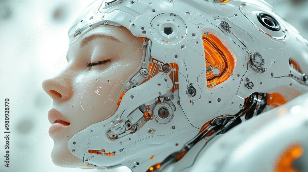 A futuristic robotic face with intricate circuitry and glowing elements.