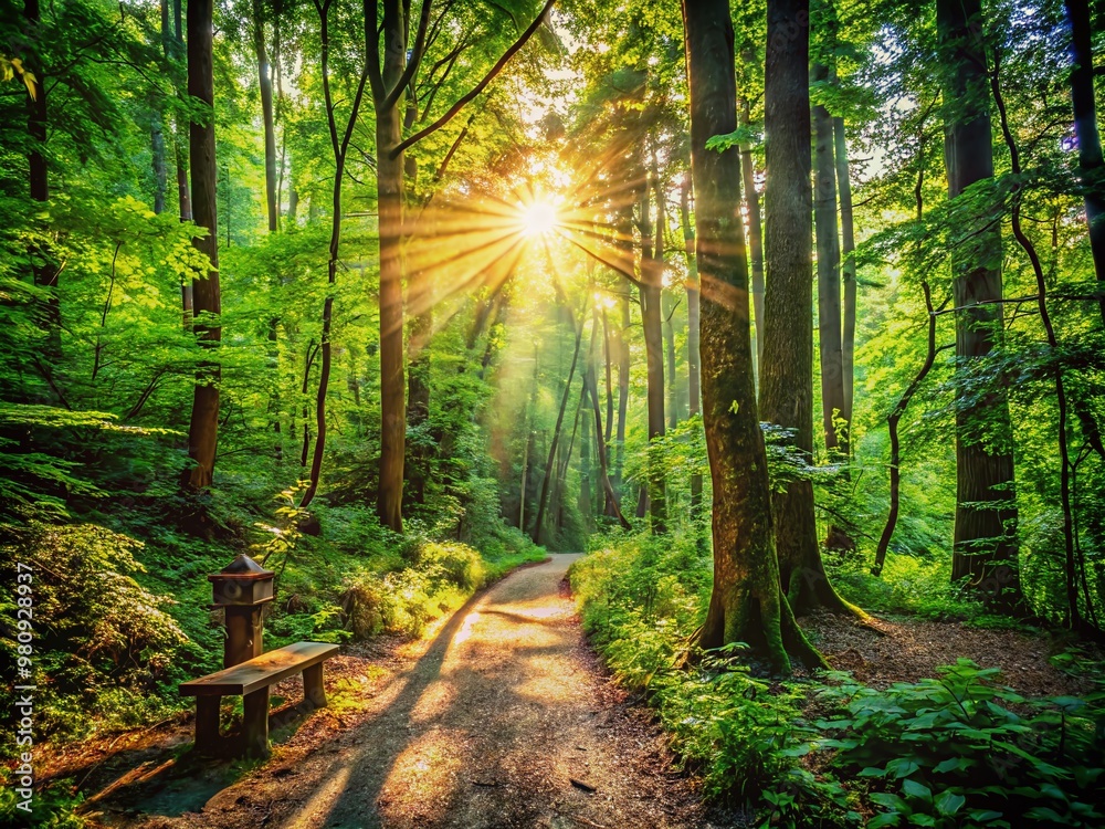 Obraz premium Serene forest trail winding through towering trees, dappled sunlight filtering through leafy canopy, rustic wooden trail signs and lush greenery surrounding the pathway.