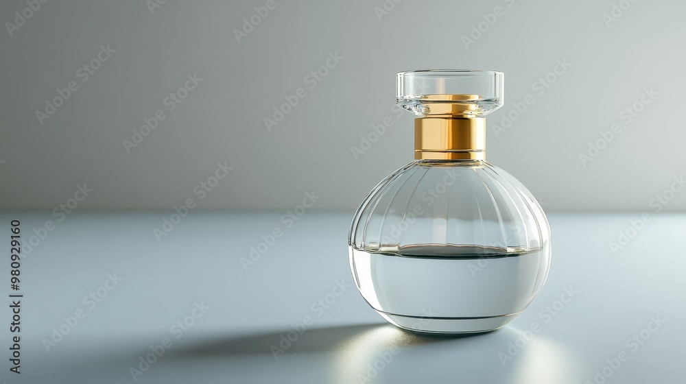 Luxurious clear glass perfume bottle with gold cap, smooth and simple design, high-resolution, soft light Luxurious clear glass perfume bottle with gold cap, smooth and simple design, high-resolution, soft light