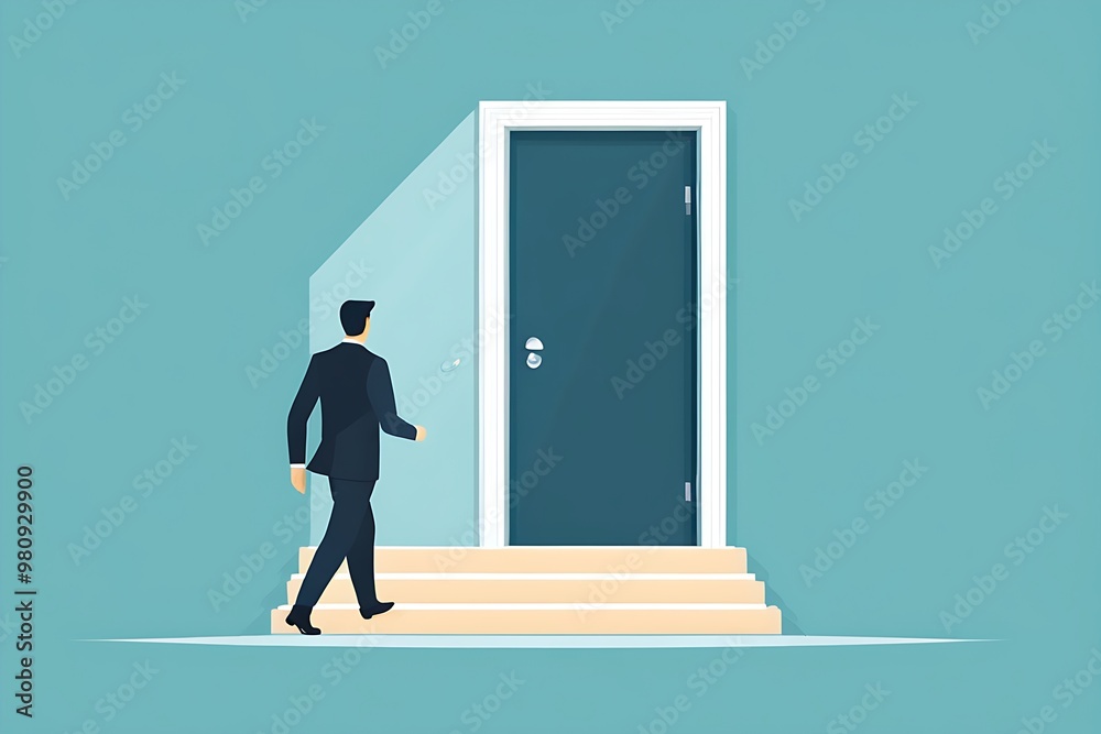 Career opportunity, doorway to success, solution or hope for aspiration, entering opening door for new career chance, businessman walk staircase to find opening opportunity door Career opportunity, doorway to success, solution or hope for aspiration, entering opening door for new career chance, businessman walk staircase to find opening opportunity door