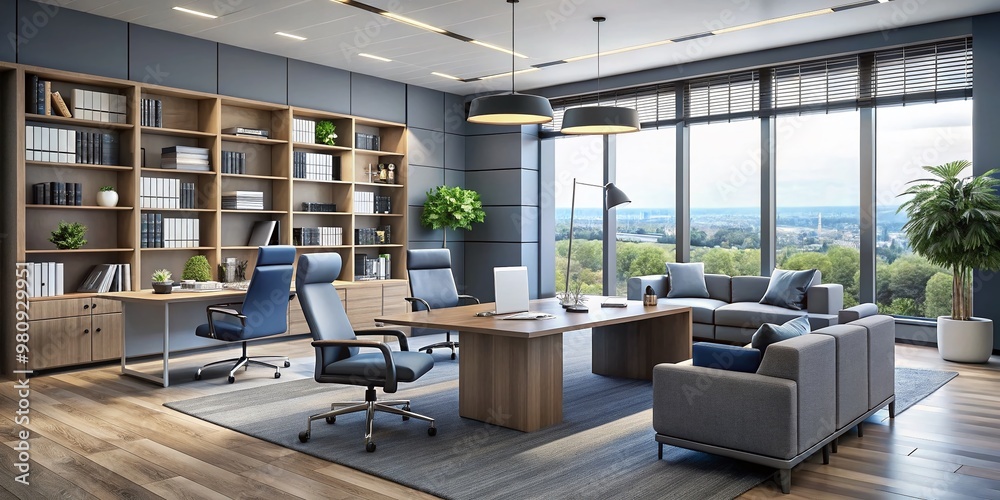 Fototapeta premium Modern corporate office in Bucks County featuring sleek, gray, and blue-hued furniture, including a large desk,
