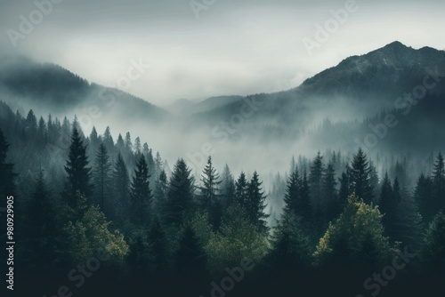 Misty mountain landscape forest mist outdoors.