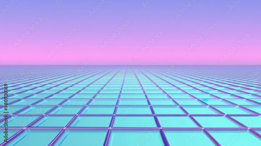 A serene landscape of vibrant blue grid tiles under a soft pink sky at sunset reflecting a tranquil and futuristic atmosphere A serene landscape of vibrant blue grid tiles under a soft pink sky at sunset reflecting a tranquil and futuristic atmosphere