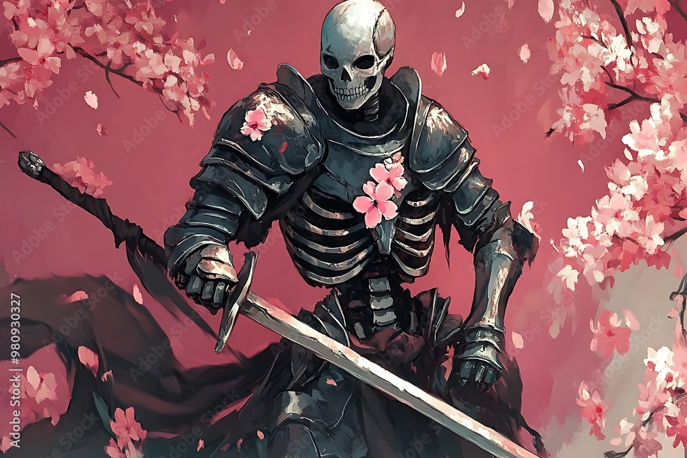 Naklejka premium Skeletal Knight Amidst Falling Cherry Blossoms.