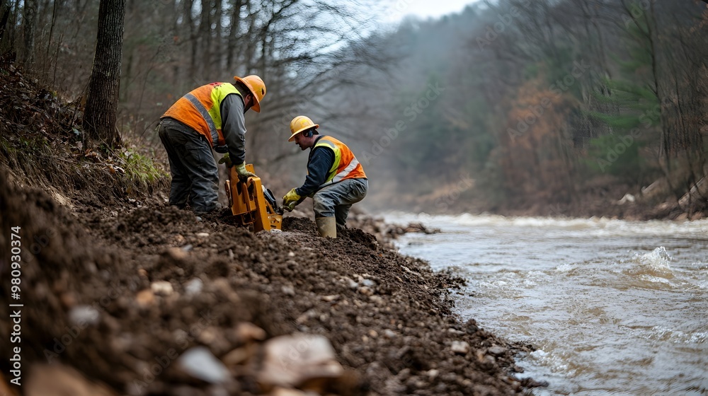 Engineers Conducting Soil Erosion Testing at Riverbank Edge for Preventive Environmental Action Engineers Conducting Soil Erosion Testing at Riverbank Edge for Preventive Environmental Action